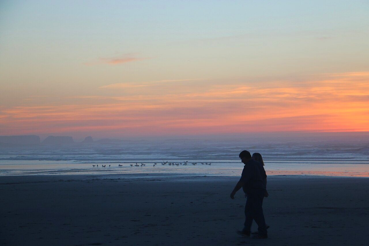 A couple walking the shore at sunset